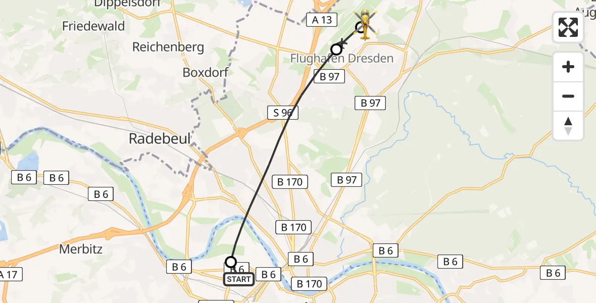 Flugroute Rettungshubschrauber Dresden Friedrichstadt Hospital - Dresden Bundespolizei Hubschrauberlandeplatz, 18 April 2026, 19:06