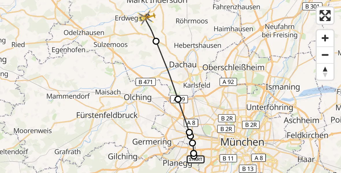 Flugroute Rettungshubschrauber DRF Air Rescue München Hubschrauberlandeplatz - Schwabhausen, 18 April 2026, 19:30