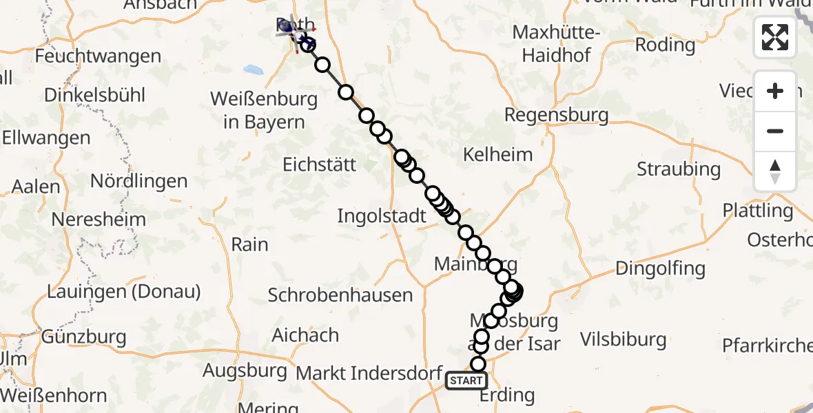 Flugroute Polizeihubschrauber München Flughafen - Flugplatz Roth, 18 April 2026, 20:07