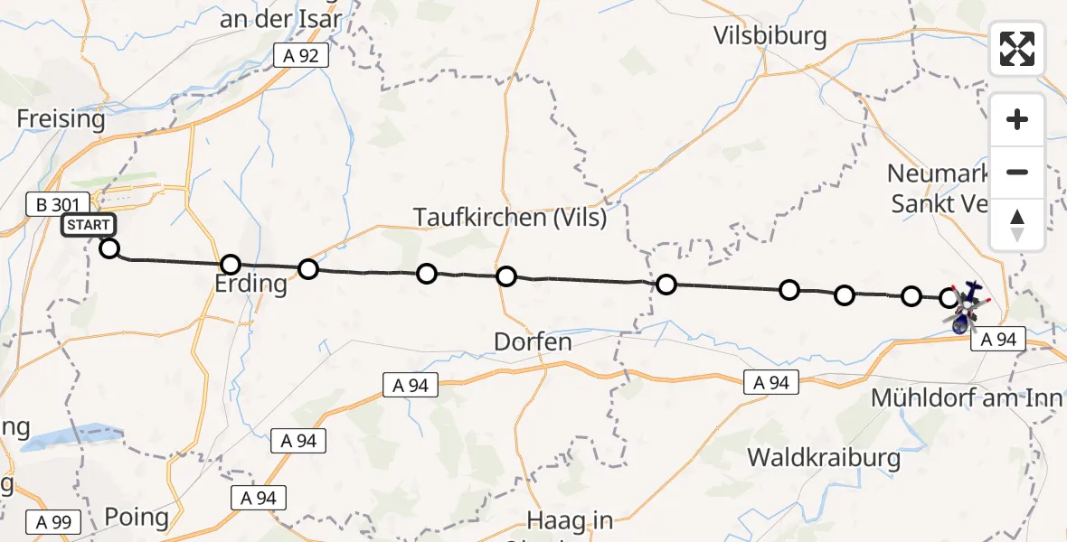 Flugroute Polizeihubschrauber München Flughafen - Niederbergkirchen, 18 April 2026, 20:13