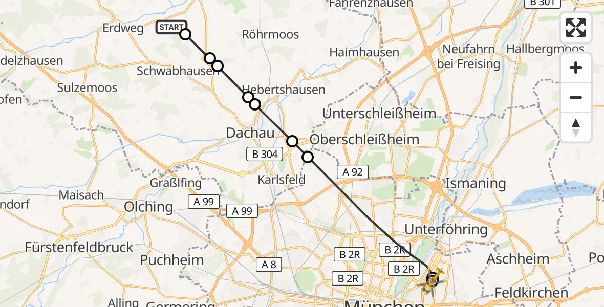 Flugroute Rettungshubschrauber Schwabhausen - München Bogenhausen Hospital, 18 April 2026, 20:22