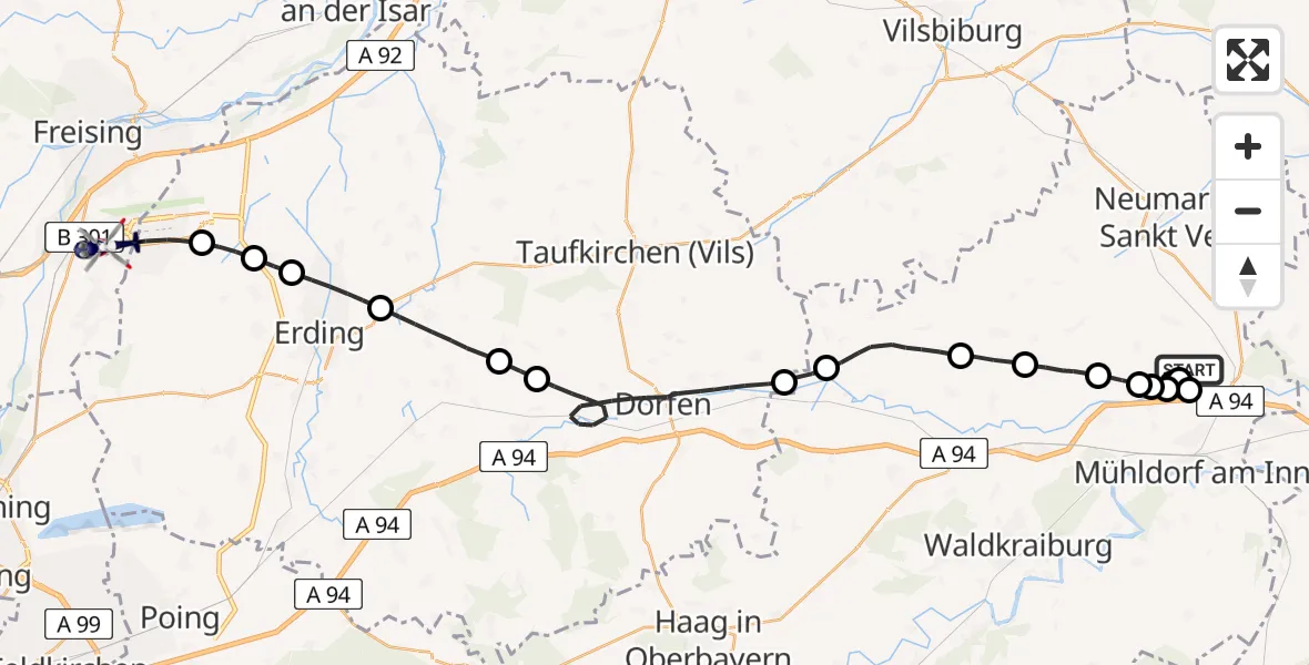 Flugroute Polizeihubschrauber Niederbergkirchen - München Flughafen, 18 April 2026, 21:10