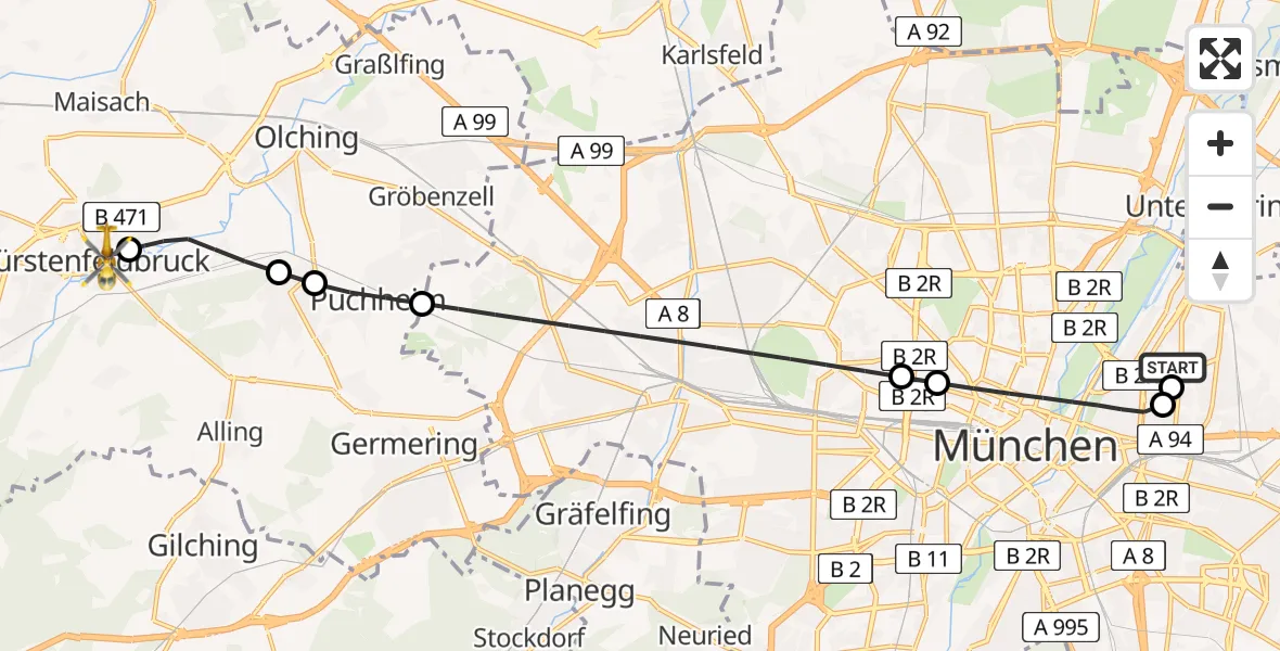 Flugroute Rettungshubschrauber München Bogenhausen Hospital - Fürstenfeldbruck, 18 April 2026, 21:12