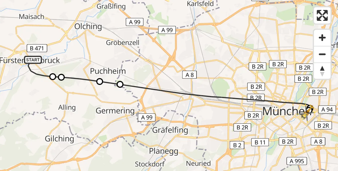 Flugroute Rettungshubschrauber Fürstenfeldbruck - Rechts der Isar University Hospital, 18 April 2026, 22:07