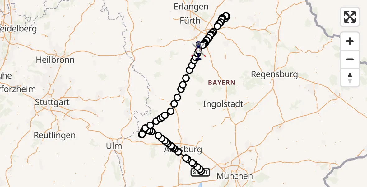 Flugroute Polizeihubschrauber Jesenwang Flugplatz - Flugplatz Roth, 18 April 2026, 22:28