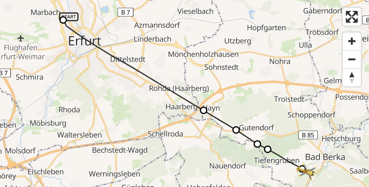 Flugroute Ambulanzhubschrauber Helios Clinic Erfurt - DRF Rettungsstation Bad Berka Hubschrauberlandeplatz, 18 April 2026, 22:32