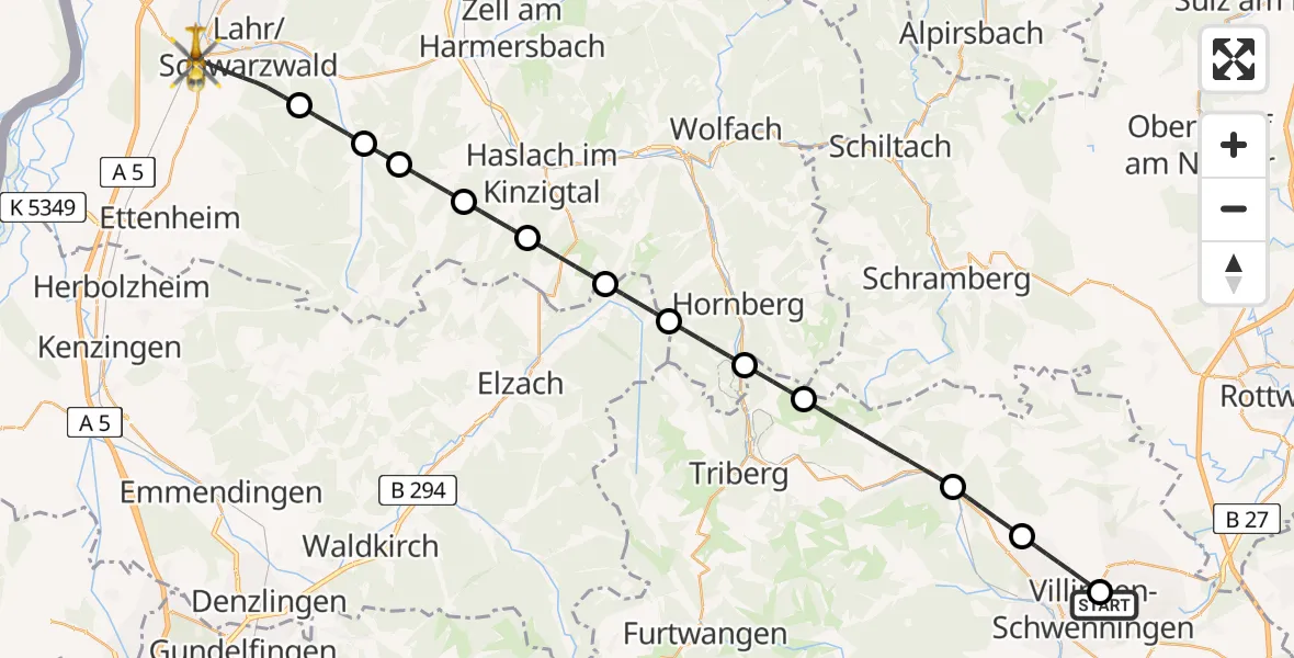 Flugroute Rettungshubschrauber DRF Air Rescue Station Villingen-Schwenningen Hubschrauberlandeplatz (Christoph 11) - Lahr/Schwarzwald, 18 April 2026, 23:03