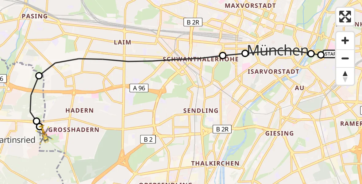 Flugroute Rettungshubschrauber Rechts der Isar University Hospital - DRF Air Rescue München Hubschrauberlandeplatz, 18 April 2026, 23:06