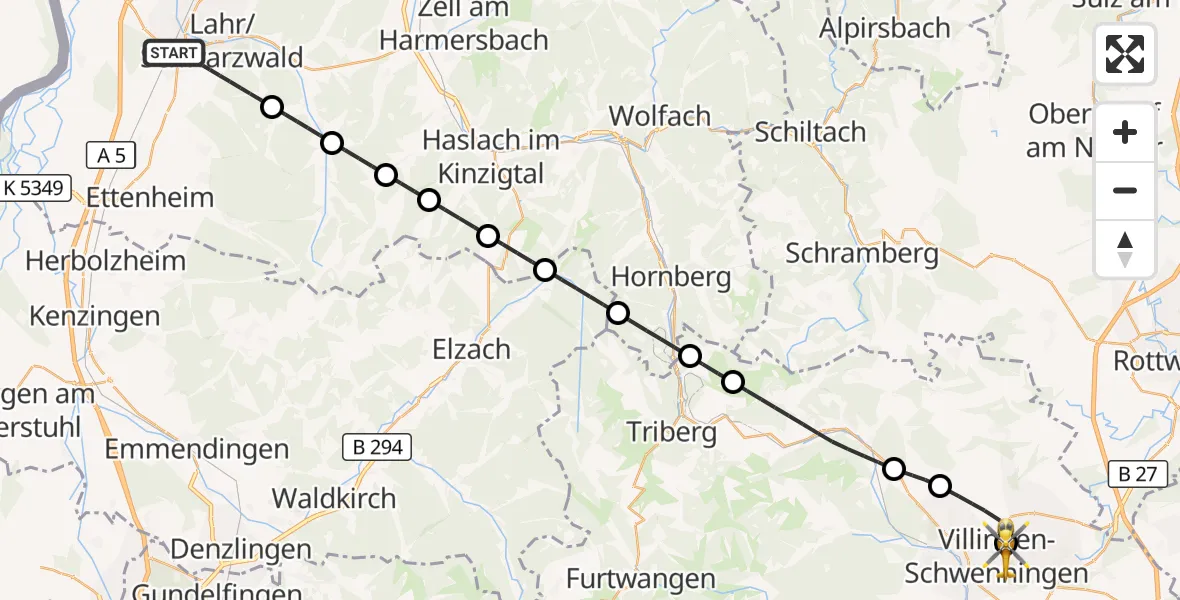 Flugroute Rettungshubschrauber Lahr/Schwarzwald - DRF Air Rescue Station Villingen-Schwenningen Hubschrauberlandeplatz (Christoph 11), 19 April 2026, 00:22