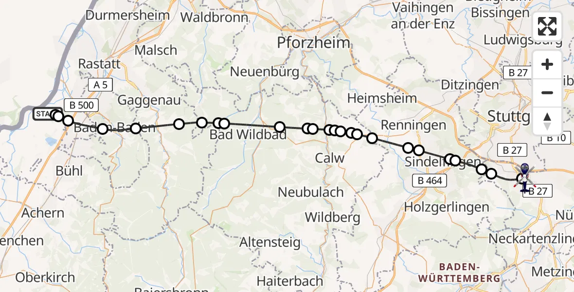Flugroute Polizeihubschrauber Karlsruhe Baden-Baden Flughafen - Flughafen Stuttgart, 19 April 2026, 01:16