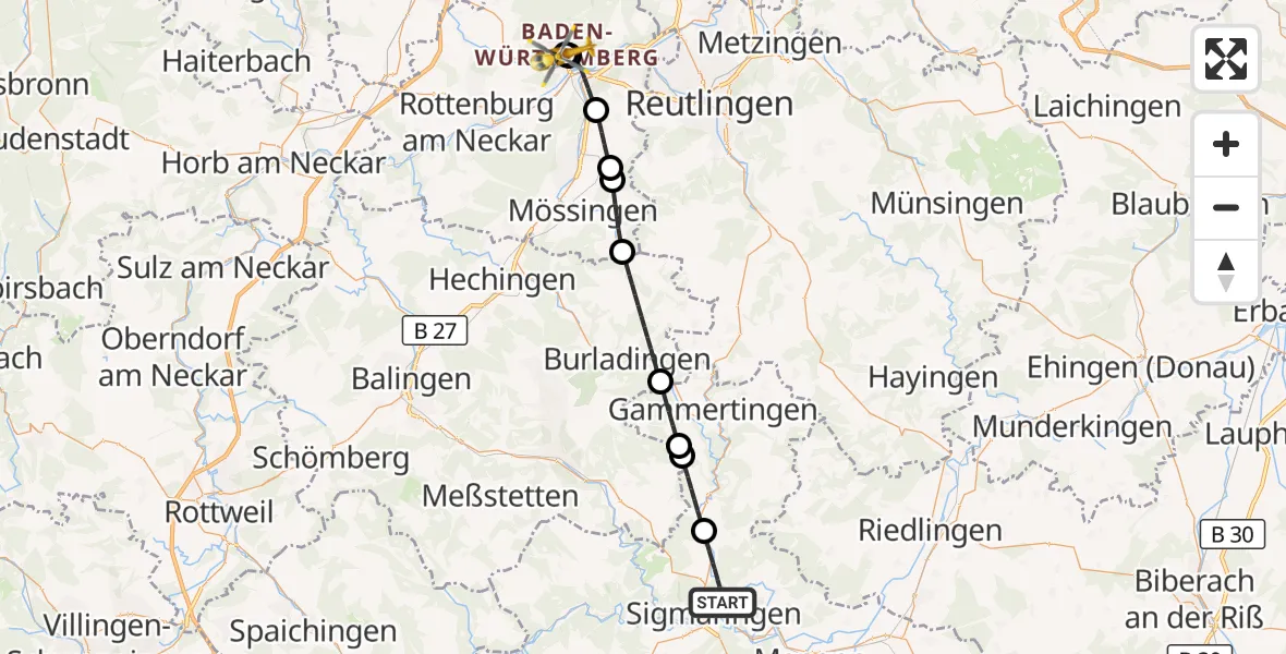 Flugroute Rettungshubschrauber Sigmaringen - Tübingen University Hospital, 19 April 2026, 03:00