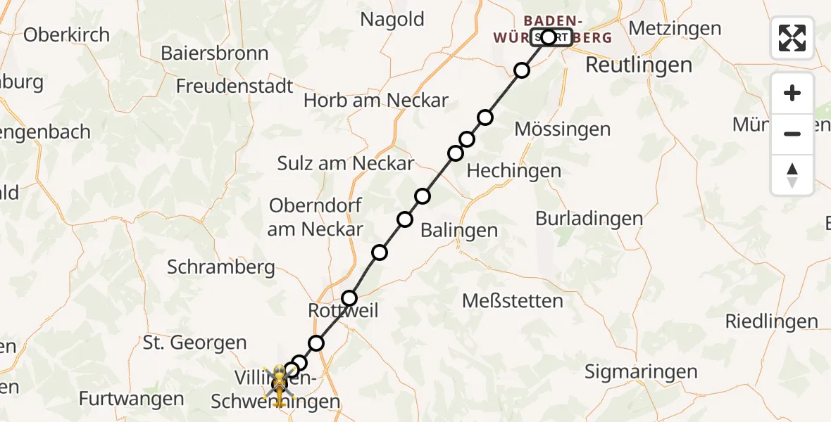 Flugroute Rettungshubschrauber Tübingen University Hospital - DRF Air Rescue Station Villingen-Schwenningen Hubschrauberlandeplatz (Christoph 11), 19 April 2026, 04:01