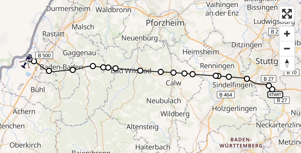 Flugroute Polizeihubschrauber Flughafen Stuttgart - Karlsruhe Baden-Baden Flughafen, 19 April 2026, 04:12