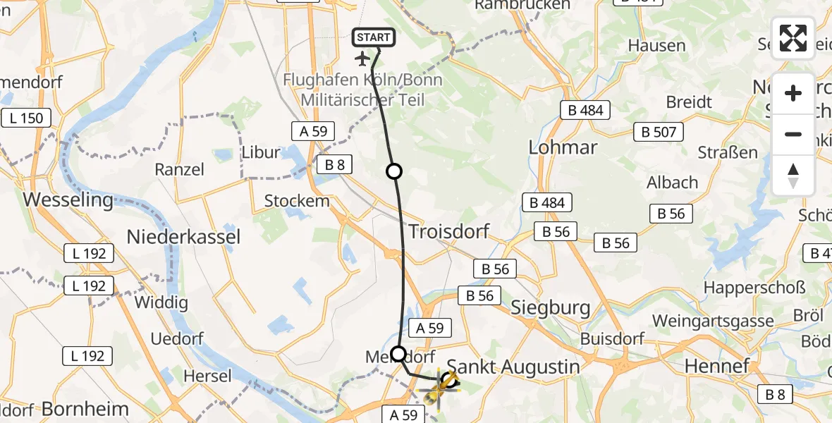 Flugroute Rettungshubschrauber Köln Bonn Flughafen - Sankt Augustin, 19 April 2026, 05:30