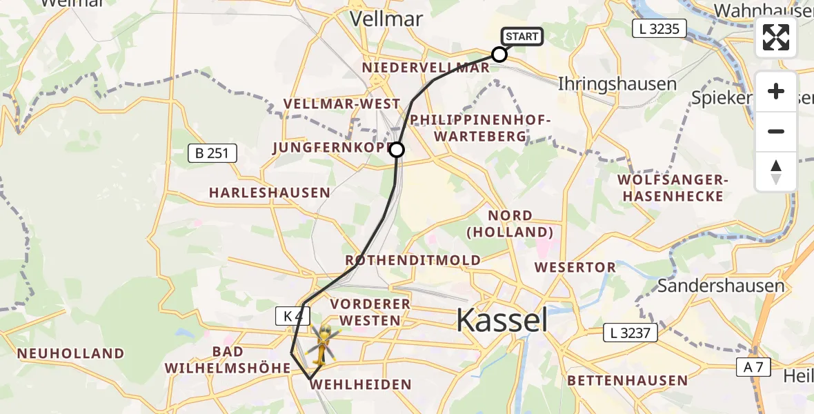Flugroute Rettungshubschrauber Fuldatal Bundespolizei Hubschrauberlandeplatz - Kassel, 19 April 2026, 05:47
