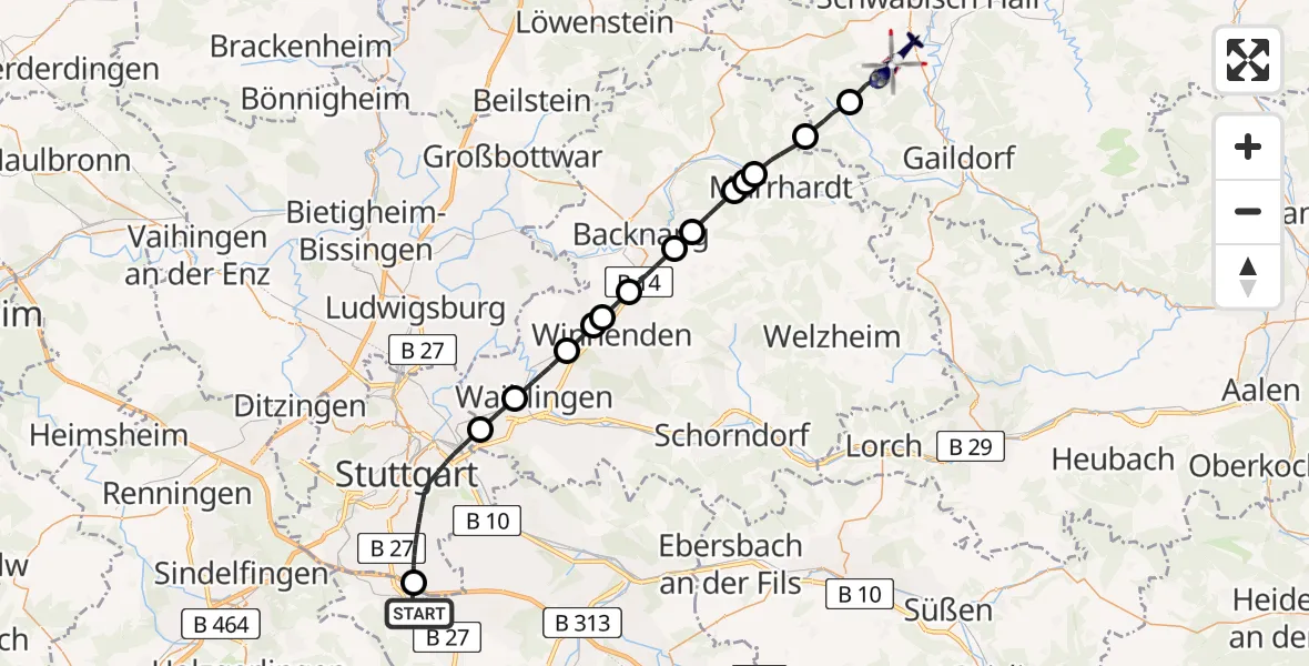Flugroute Polizeihubschrauber Flughafen Stuttgart - Rosengarten, 19 April 2026, 06:07