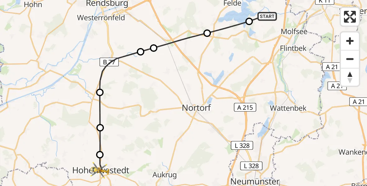 Flugroute Ambulanzhubschrauber Rodenbek - Hohenwestedt, 19 April 2026, 06:24