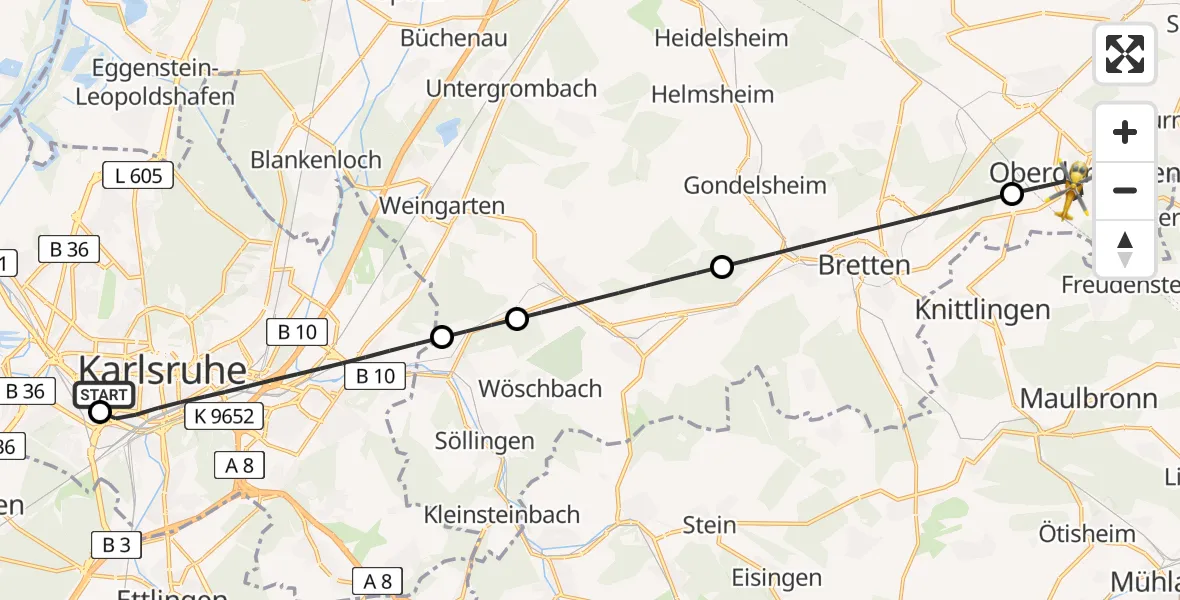 Flugroute Rettungshubschrauber Sankt Vincentius Hospital - Oberderdingen, 19 April 2026, 06:26
