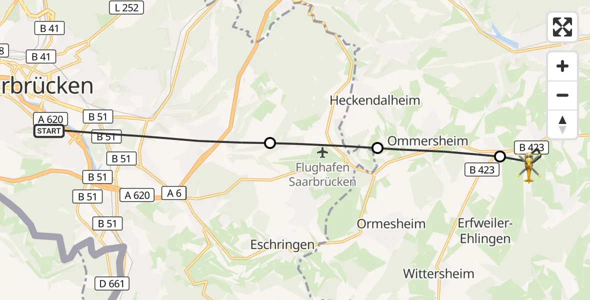 Flugroute Rettungshubschrauber Saarbrücken - Blieskastel, 19 April 2026, 06:29