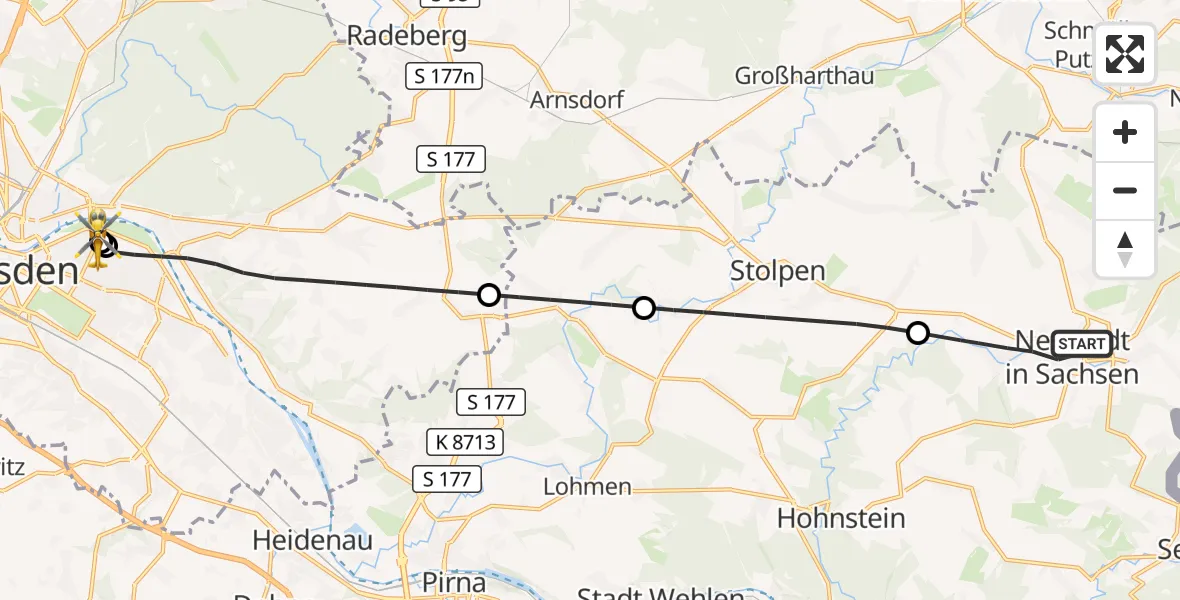 Flugroute Rettungshubschrauber Neustadt in Sachsen - Dresden University Hospital, 19 April 2026, 06:45