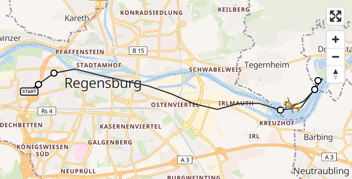 Flugroute Rettungshubschrauber Barmherzige Brüder (Brothers of Mercy) Hospital Regensburg - Tegernheim, 19 April 2026, 06:48