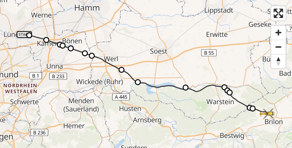 Flugroute Rettungshubschrauber Lünen - Brilon, 19 April 2026, 07:00