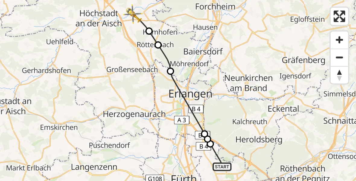 Flugroute Rettungshubschrauber Flughafen Nuremberg - Adelsdorf, 19 April 2026, 07:01