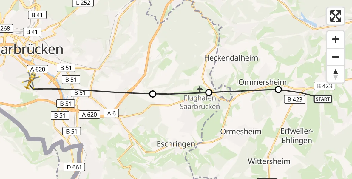 Flugroute Rettungshubschrauber Blieskastel - Saarbrücken, 19 April 2026, 07:07
