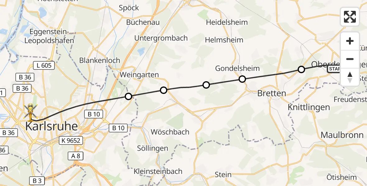 Flugroute Rettungshubschrauber Oberderdingen - Karlsruhe, 19 April 2026, 07:10
