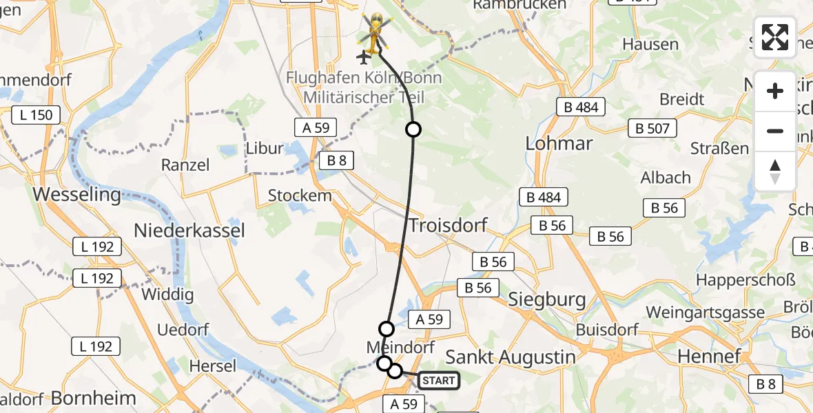 Flugroute Rettungshubschrauber Sankt Augustin - Köln Bonn Flughafen, 19 April 2026, 07:14