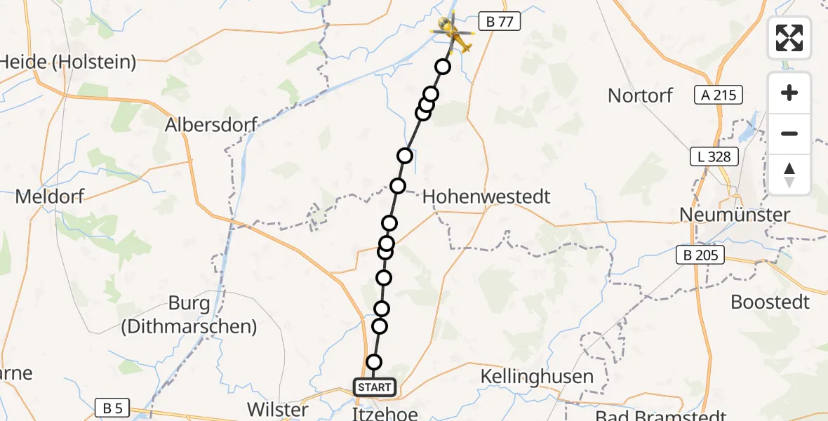 Flugroute Ambulanzhubschrauber Itzehoe - Hörsten, 19 April 2026, 07:37