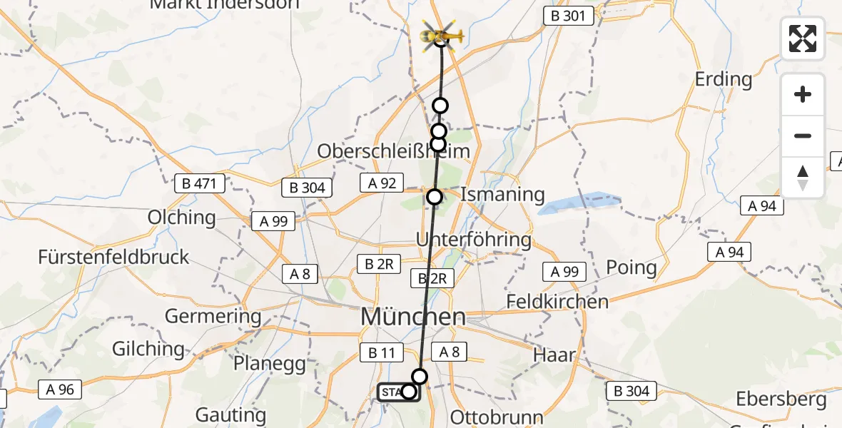 Flugroute Rettungshubschrauber ADAC Air Rescue Center Hubschrauberlandeplatz (Christoph 1) - Neufahrn b.Freising, 19 April 2026, 07:42