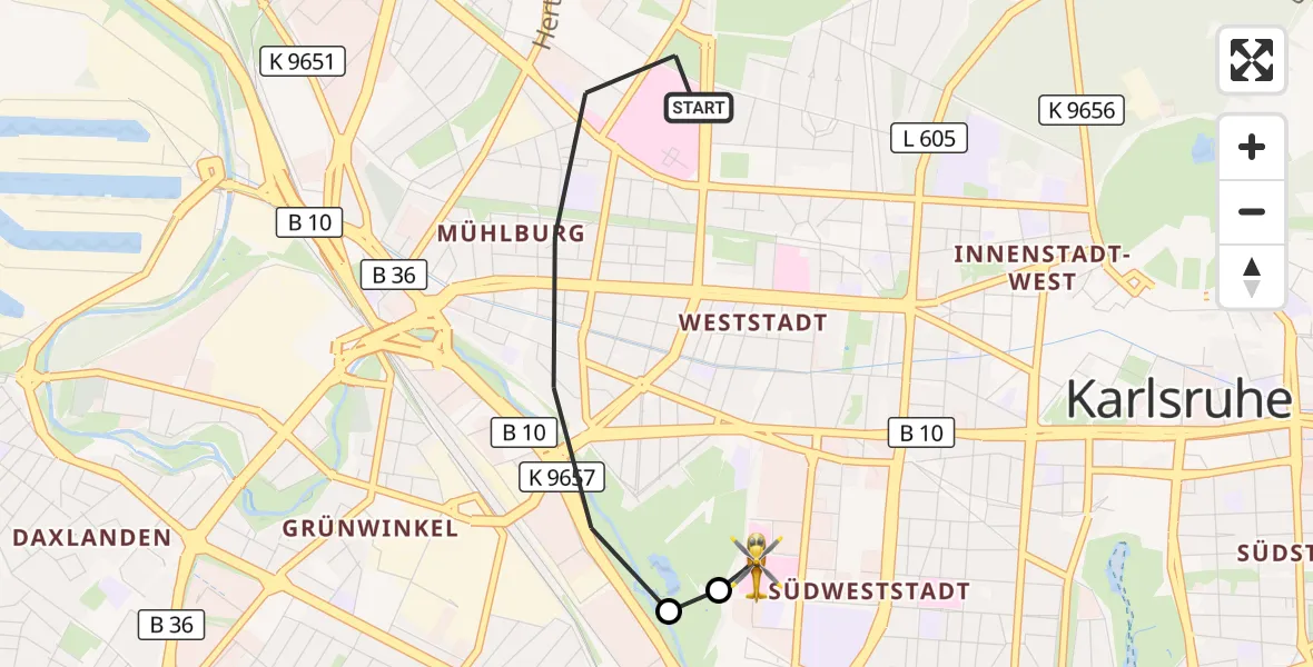 Flugroute Rettungshubschrauber Karlsruhe - Sankt Vincentius Hospital, 19 April 2026, 07:53
