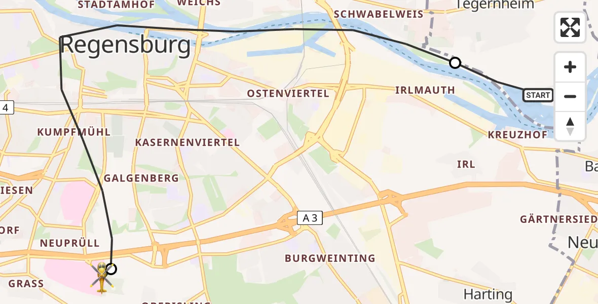 Flugroute Rettungshubschrauber Tegernheim - DRF Air Rescue Station Regensburg / Regensburg University Hospital, 19 April 2026, 07:54