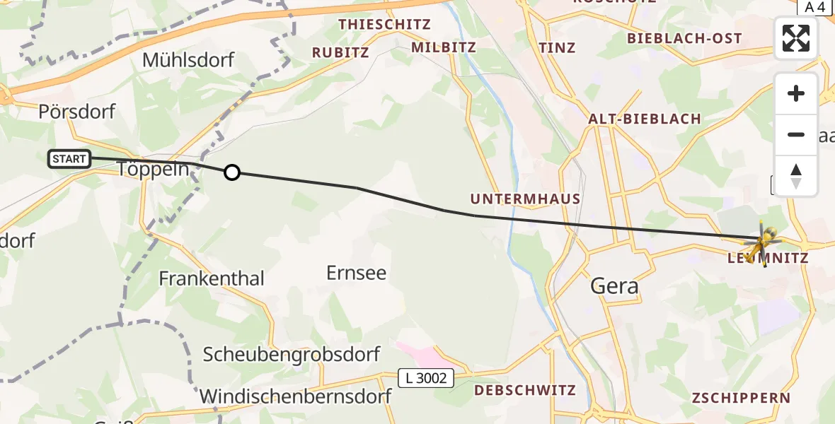 Flugroute Rettungshubschrauber Kraftsdorf - Gera, 19 April 2026, 07:57