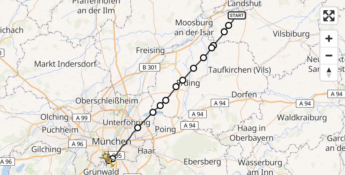 Flugroute Rettungshubschrauber Tiefenbach - ADAC Air Rescue Center Hubschrauberlandeplatz (Christoph 1), 19 April 2026, 08:01