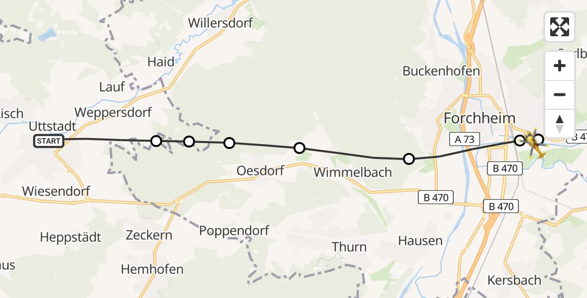 Flugroute Rettungshubschrauber Adelsdorf - Forchheim Franconian Switzerland Hospital, 19 April 2026, 08:29