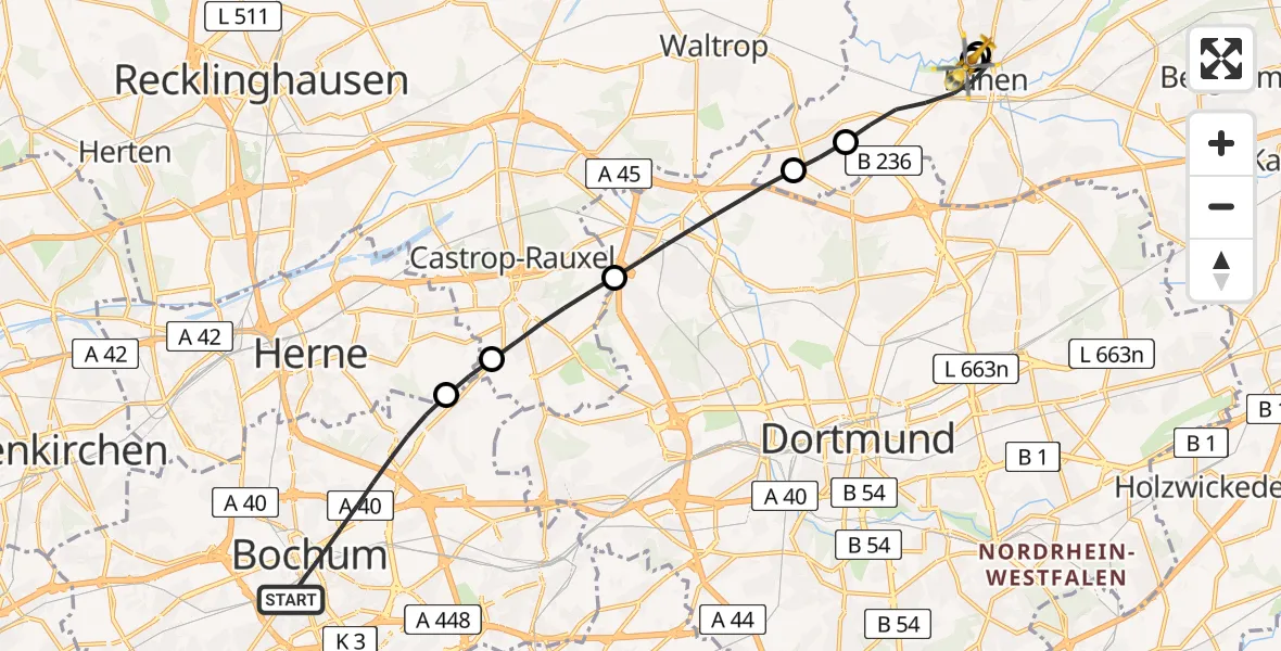 Flugroute Rettungshubschrauber Bochum - Sankt Marien Hospital, 19 April 2026, 08:41