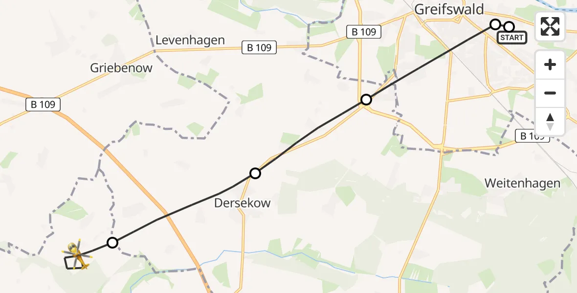 Flugroute Rettungshubschrauber Greifswald Hospital - Sassen-Trantow, 19 April 2026, 08:50