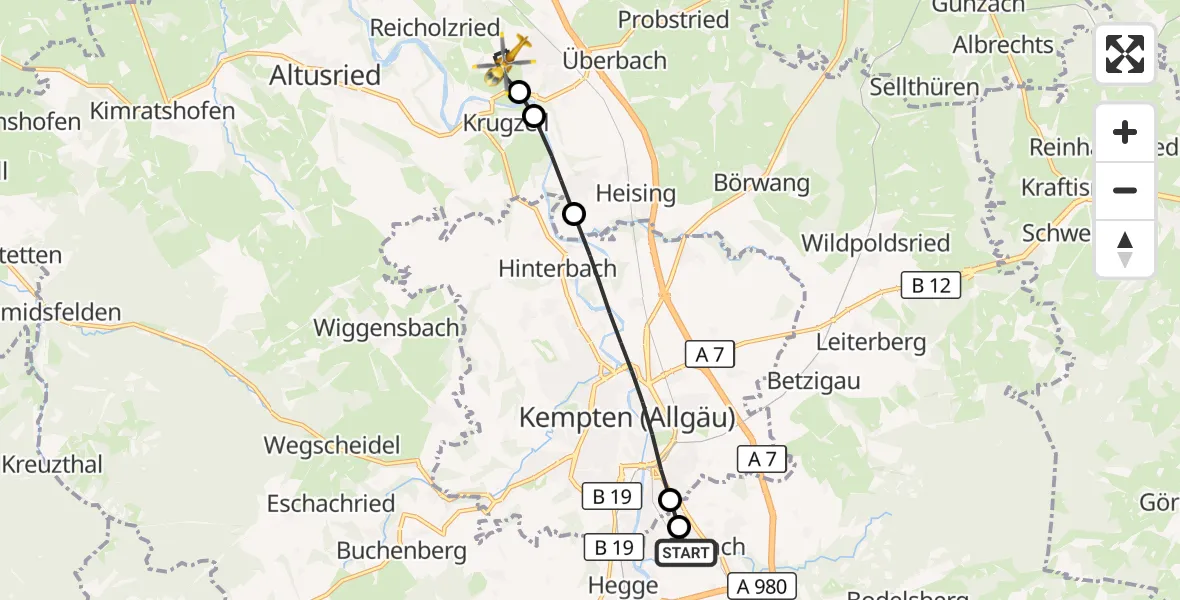 Flugroute Rettungshubschrauber Kempten-Durach Flugplatz - Dietmannsried, 19 April 2026, 08:50