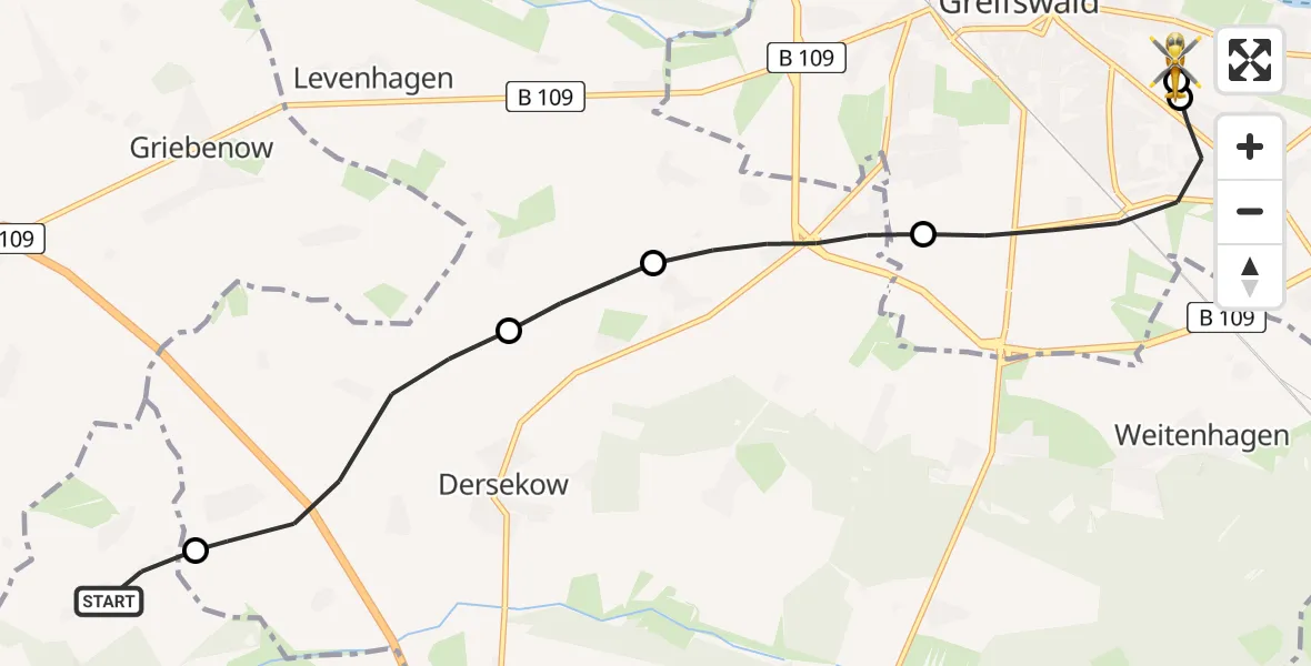 Flugroute Rettungshubschrauber Sassen-Trantow - Greifswald Hospital, 19 April 2026, 09:28
