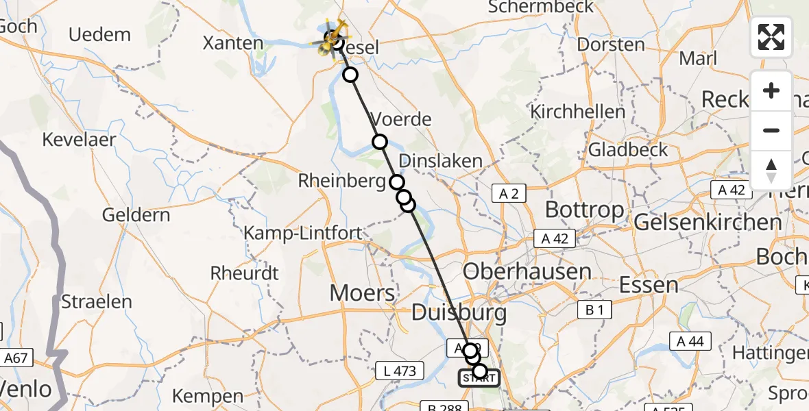Flugroute Rettungshubschrauber Duisburg Air Rescue Hubschrauberlandeplatz (Christoph 9) - Wesel, 19 April 2026, 09:42