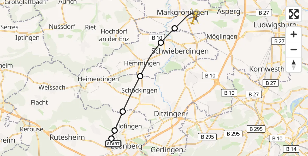 Flugroute Rettungshubschrauber Leonberg Hospital - Markgröningen, 19 April 2026, 09:49