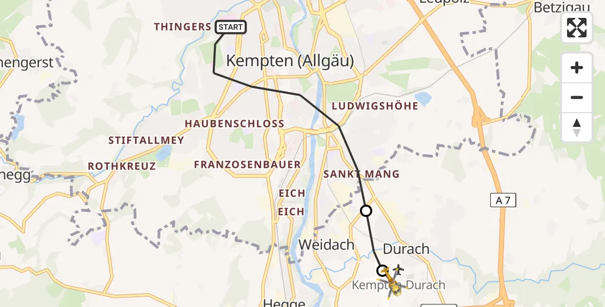 Flugroute Rettungshubschrauber Kempten (Allgäu) - Kempten-Durach Flugplatz, 19 April 2026, 09:51