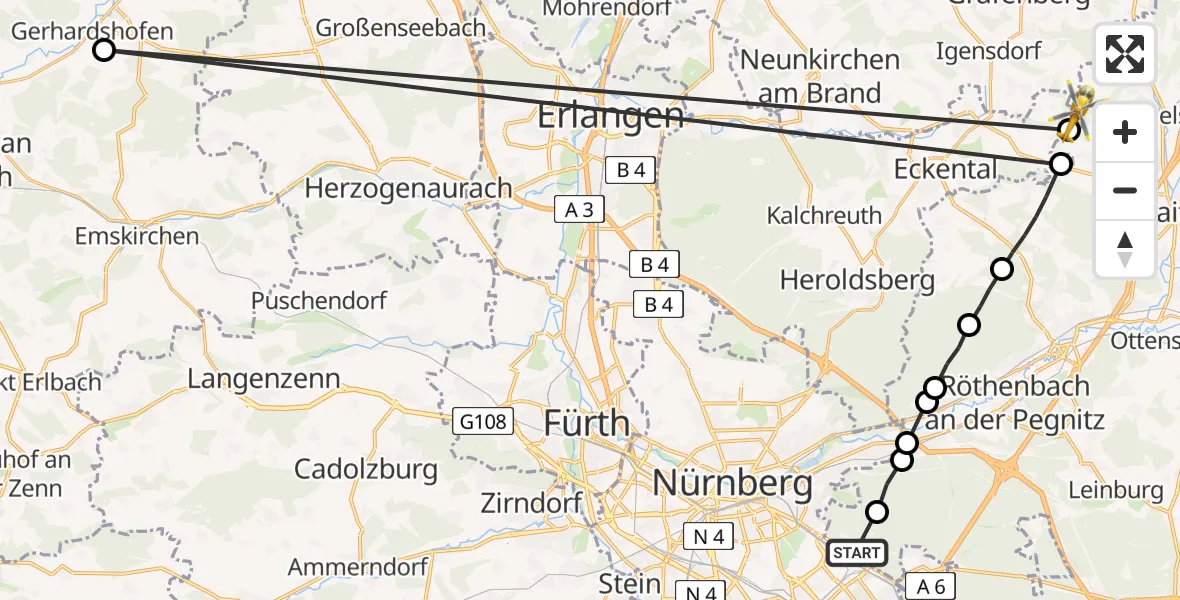 Flugroute Rettungshubschrauber Forsthof - Schnaittach, 19 April 2026, 10:08