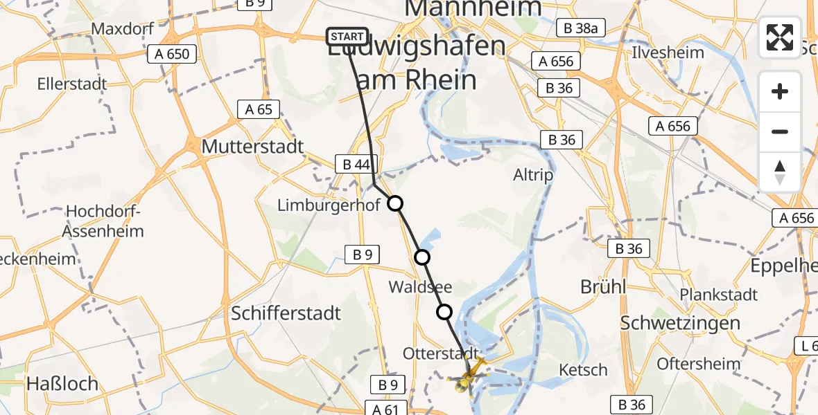 Flugroute Rettungshubschrauber Ludwigshafen am Rhein - Otterstadt, 19 April 2026, 10:08