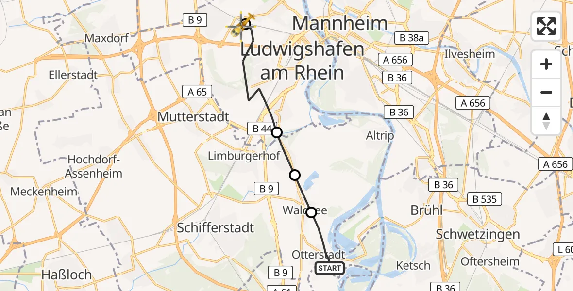 Flugroute Rettungshubschrauber Otterstadt - Ludwigshafen Accident Hospital Hubschrauberlandeplatz, 19 April 2026, 10:13