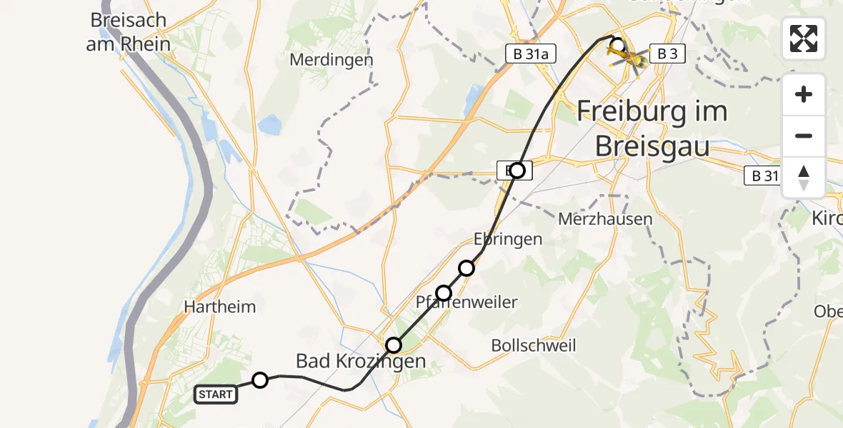Flugroute Rettungshubschrauber Hartheim am Rhein - Freiburg im Breisgau Flugplatz, 19 April 2026, 10:17