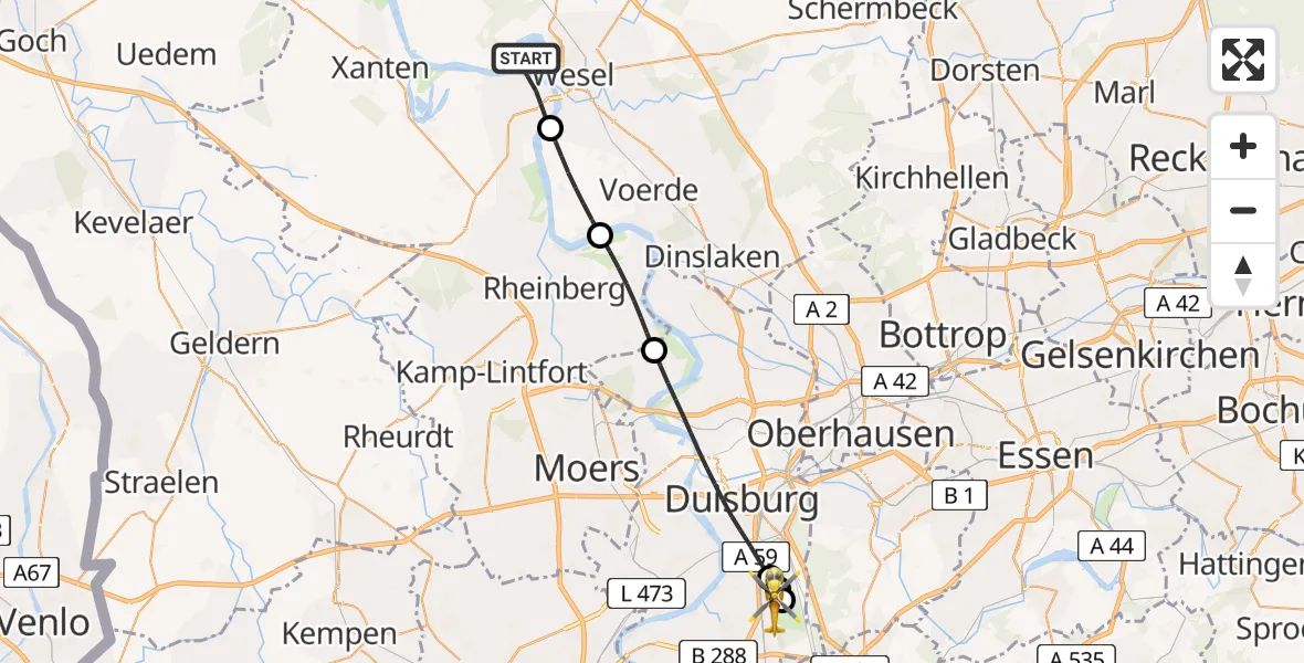 Flugroute Rettungshubschrauber Wesel - Duisburg Air Rescue Hubschrauberlandeplatz (Christoph 9), 19 April 2026, 10:25