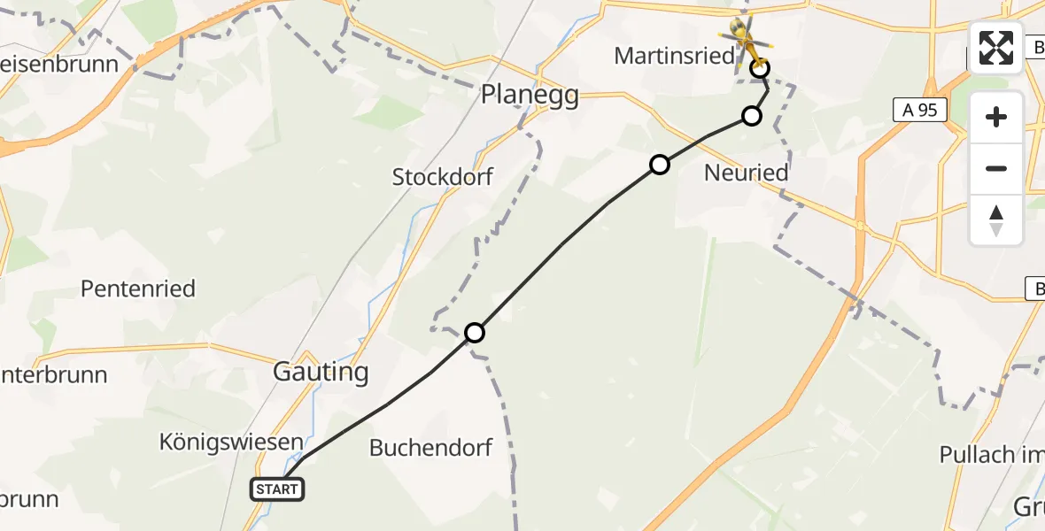 Flugroute Rettungshubschrauber Gauting - DRF Air Rescue München Hubschrauberlandeplatz, 19 April 2026, 10:32